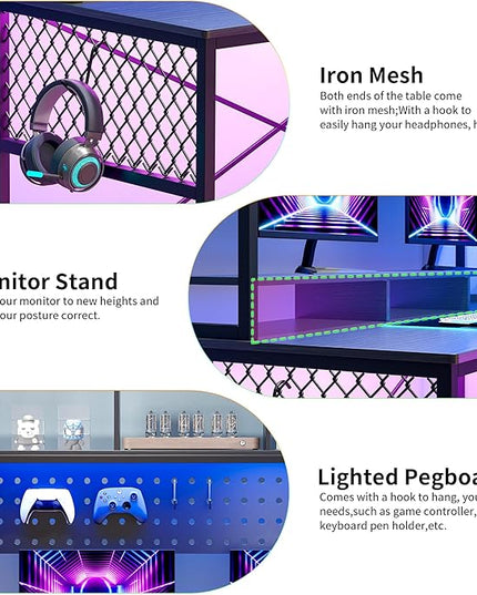 Lvifur 67” L Shaped Desk with Wireless Charging Station,24-Color RGB Dimmable Computer Desk with Pegboard,Gaming Desk with Monitor Stand, Display Stand,Human Sensor Lights for Home Office - LeafyLoom