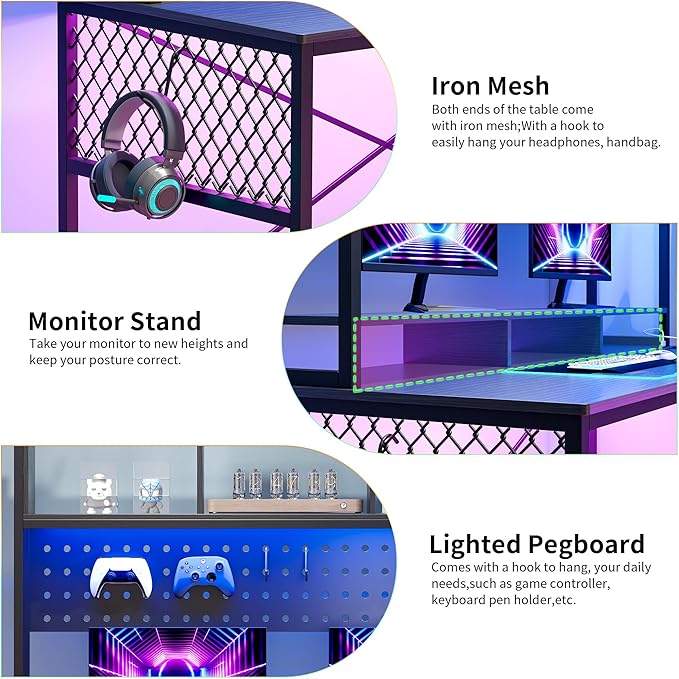 Lvifur 67” L Shaped Desk with Wireless Charging Station,24-Color RGB Dimmable Computer Desk with Pegboard,Gaming Desk with Monitor Stand, Display Stand,Human Sensor Lights for Home Office - LeafyLoom