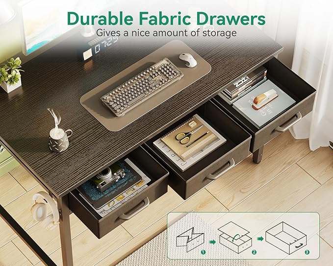 AODK 40 Inch Small Computer Desk with 3 Fabric Drawers, Office Desk with USB/Type-C Charging Ports & Power Outlets, Vanity Desk with Iron Hook for Bedroom, Study/Writing/Work Table for Bedroom, Black - LeafyLoom