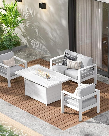 Wisteria Lane Aluminum Patio Furniture Set, 4 Piece Metal Outdoor Furniture Set with CSA Certified 54in Propane Gas Fire Pit Table, Patio Conversation Set with 5in Olefin Cover Cushions (White) - LeafyLoom