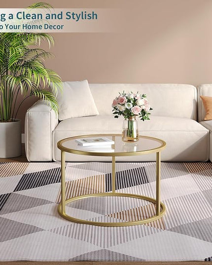 SAYGOER Small Glass Coffee Table Round Gold Coffee Table for Small Space Modern Simple Center Table with Gold Frame for Living Room Home Office, Easy Assembly - LeafyLoom