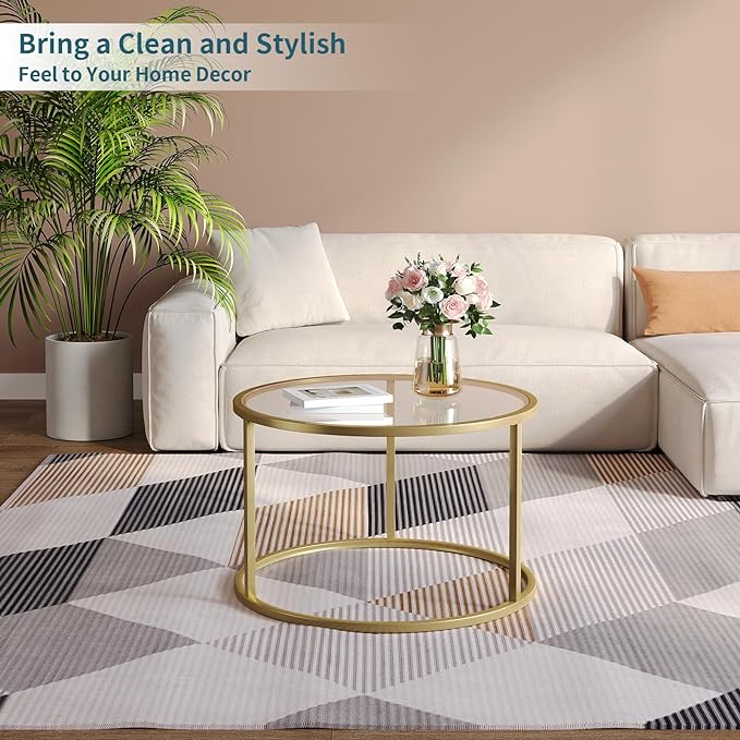 SAYGOER Small Glass Coffee Table Round Gold Coffee Table for Small Space Modern Simple Center Table with Gold Frame for Living Room Home Office, Easy Assembly - LeafyLoom