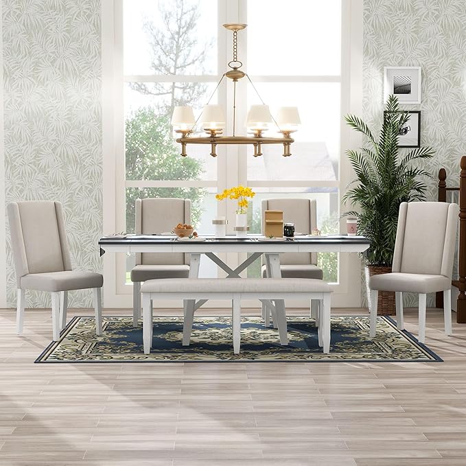 RITSU Farmhouse 6-Piece Dining Set, Included Solid Wood Rectangular Extendable Table with Two 12" W Removable Leaves and 4 Upholstered Chairs & Bench, Kitchen Dinette Furniture, Gray+White - LeafyLoom