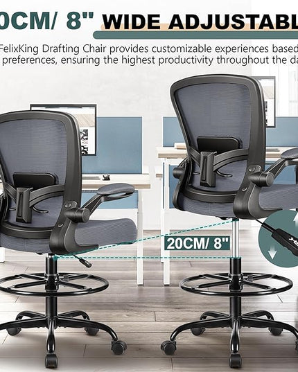 FelixKing Drafting Chair Ergonomic Tall Office Chair, Breathable Mesh Chair with Adjustable Footrest Ring Lumbar Support Flip-up Armrests, High Back Executive Comfy Task Computer Chair for Home Office - LeafyLoom