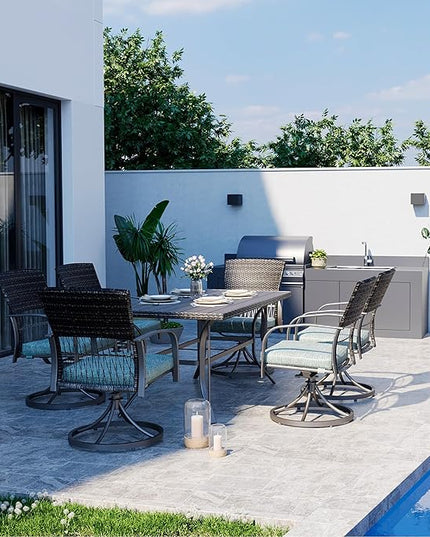 Pamapic 7 Piece Patio Dining Set for 6,Outdoor Wicker Furniture Set for Backyard Garden Deck Poolside with 6 Cushions Swivel Rocker Chairs,Iron Slats Table Top, Removable Cushions(Green) - LeafyLoom