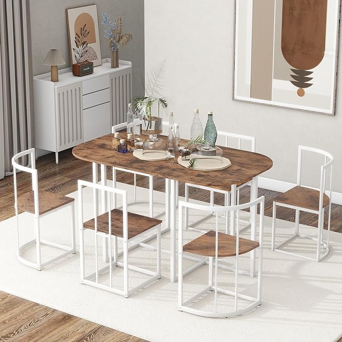 7-Piece Modern Set-Compact 55-Inch Faux Marble Kitchen Table with 6 Chairs-Elegant and Practical Dining Room Furniture-White and Cherry Finish - LeafyLoom