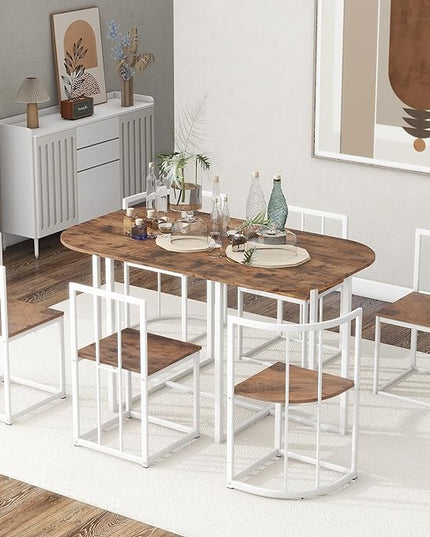 7-Piece Modern Dining, Wooden Kitchen Room Table Set with 6 Upholstered Chairs-Elegantly Shaped Legs and Comfortable Seating, White+Cherry - LeafyLoom
