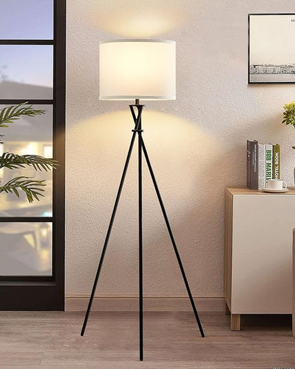 Modern Floor Lamps, 61" Tripod Floor Lamp, Mid Century Lamp with Simple Design, Lamps for Living Room, Bedroom, Office,Tall Standing Lamp with Rocker Swtich, Black White- without Bulb - LeafyLoom