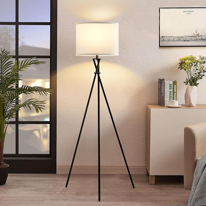 Modern Floor Lamps, 61" Tripod Floor Lamp, Mid Century Lamp with Simple Design, Lamps for Living Room, Bedroom, Office,Tall Standing Lamp with Rocker Swtich, Black White- without Bulb - LeafyLoom