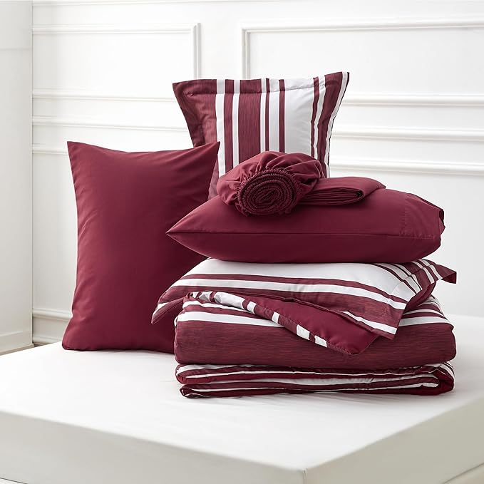 Bedsure Bed in a Bag Queen Size 7-Piece Burgundy White Striped Bedding Comforter Sets All Season Bed Set, 2 Pillow Shams, Flat Sheet, Fitted Sheet and 2 Pillowcases - LeafyLoom