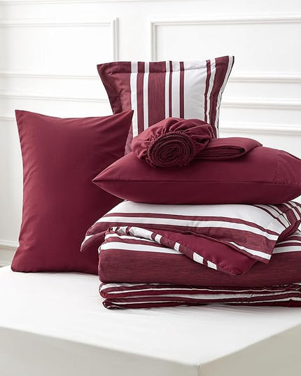 Bedsure Bed in a Bag King Size 7-Piece Burgundy White Striped Bedding Comforter Sets All Season Bed Set, 2 Pillow Shams, Flat Sheet, Fitted Sheet and 2 Pillowcases - LeafyLoom