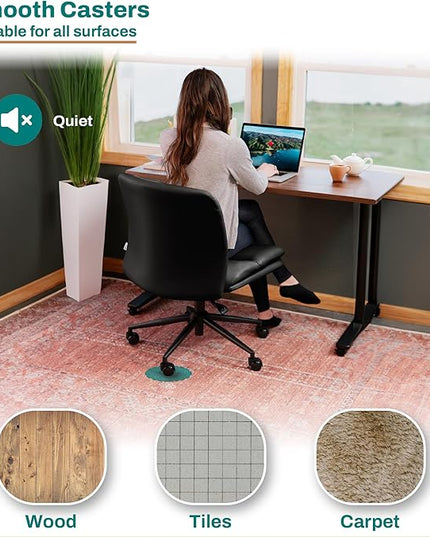 Criss Cross Chair with Wheels - Cross Legged Office Chair, Wide Armless Desk Chair Comfy Swivel Vanity Chair for Home Office, PU Leather - Black - LeafyLoom