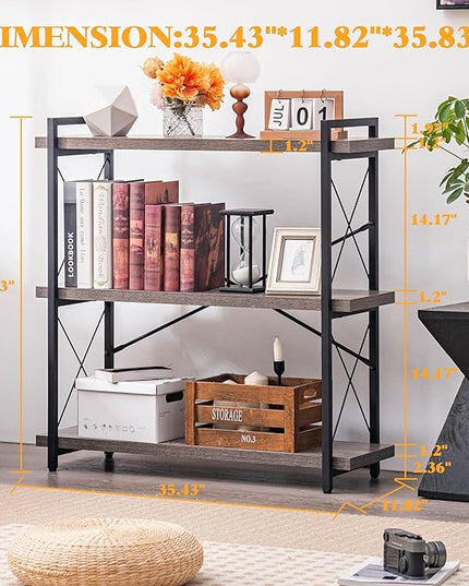 HCHQHS Bookshelf, 3-Tier Industrial Bookcase, Rustic Open Book Shelf, Freestanding Horizontal Bookshelves with Metal Frame - LeafyLoom
