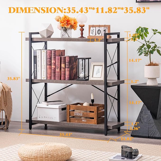 HCHQHS Bookshelf, 3-Tier Industrial Bookcase, Rustic Open Book Shelf, Freestanding Horizontal Bookshelves with Metal Frame - LeafyLoom