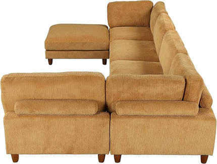 Free Combination Convertible Modular Sectional Sofa with Movable Ottomans , 163'' Oversized Corduroy Upholstered Sleeper Corner Couch Sofabed with Wooden Legs and Detachable Cushions for Living Room - LeafyLoom