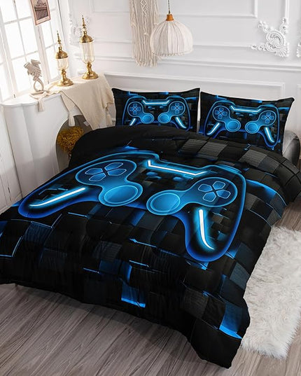 Axolotl Gamepad Comforter Set Queen Size,Blue Grid Print Bedding Set,Boy Gaming Console Comforter Set,Modern Gaming controller Geometry Bedding Set for Adult Teens Men,1 Quilt 2 Pillowcases,Blue Black - LeafyLoom