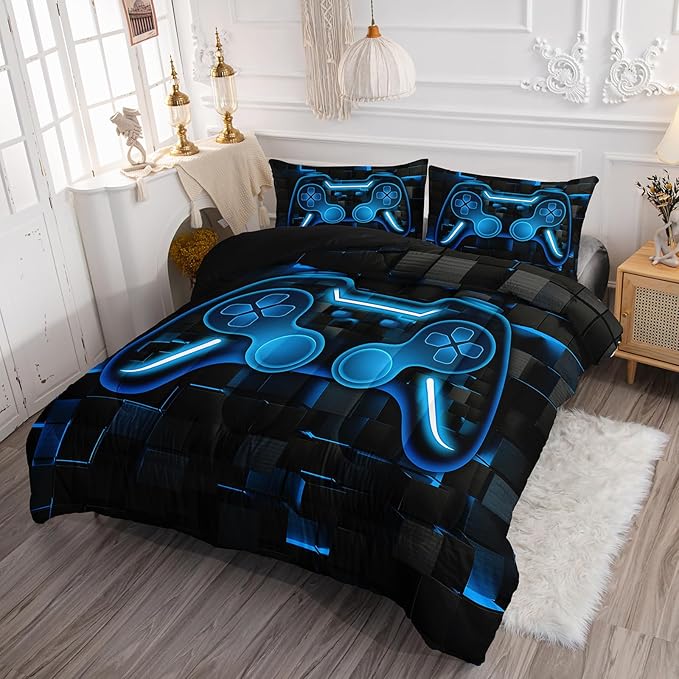 Axolotl Gamepad Comforter Set Twin Size,Blue Grid Print Bedding Set,Boys Gaming Console Comforter Set,Modern Gaming controller Geometry Bedding Set for Adult Teens Men,1 Quilt 2 Pillowcases,Blue Black - LeafyLoom