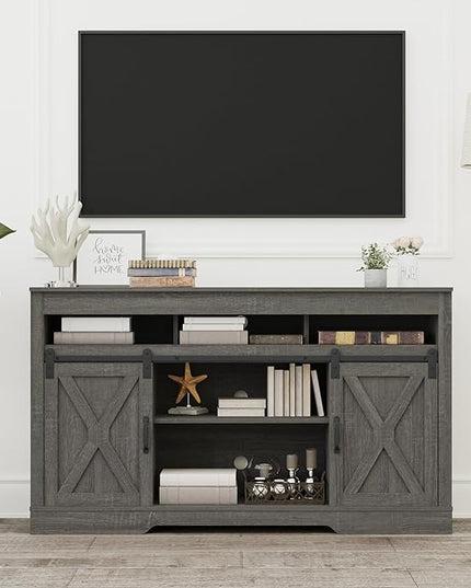 Farmhouse TV Stand with Sliding Barn Door for TVs up to 65+ Inch, 34" Tall Entertainment Center, Wood Media Console Storage Cabinet for Bedroom, Living Room, Dark Grey - LeafyLoom