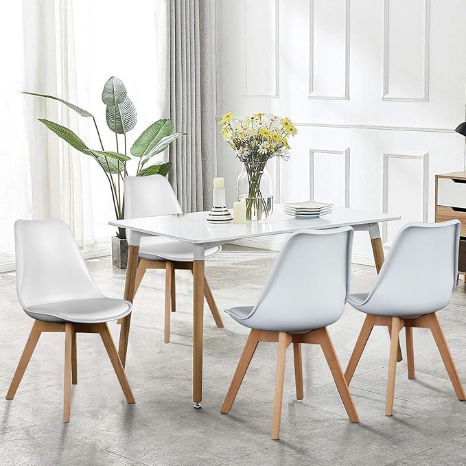 Sweetrcrispy Dining Chairs Set of 4, Kitchen Room PU Leather Mid Century Modern Chairs, Upholstered Dining Desk Chairs with Wood Legs for Home Office, White - LeafyLoom