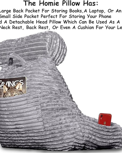 Homie Reading Pillow with Reading Light and Wrist Support, Has Arm Rests, and Back Support for Bed Rest, Lounging, Reading, Working on Laptop, Watching TV (Large, Gray) - LeafyLoom