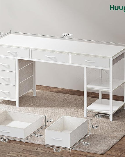 Computer Desk with 6 Drawers, 54 Inch Office Desk with Shelves, Reversible Gaming Desk, Corner Desk with Storage, Work Desk for Home Office, Study, Living Room, White - LeafyLoom