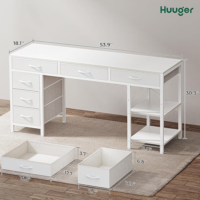 Computer Desk with 6 Drawers, 54 Inch Office Desk with Shelves, Reversible Gaming Desk, Corner Desk with Storage, Work Desk for Home Office, Study, Living Room, White - LeafyLoom