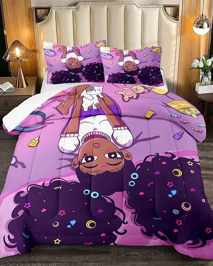 Girls Black Girls Comforter Sets for Teen Kids Adults African American Queen Size African American Girl Comforter Set for Girls Bedroom Cute Black Girls Bedding Set 1 Comforter 2 Pillowcases - LeafyLoom