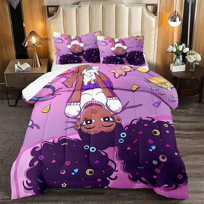 Girls Black Girls Comforter Sets for Teen Kids Adults African American Queen Size African American Girl Comforter Set for Girls Bedroom Cute Black Girls Bedding Set 1 Comforter 2 Pillowcases - LeafyLoom