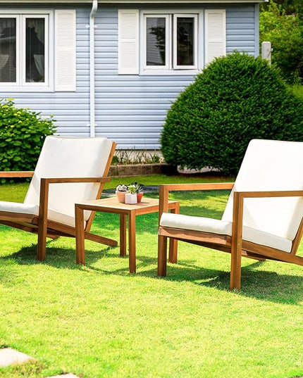 Eleve 400lbs Capacity Outdoor Set of 2 with Wooden Side Table, FSC Certified Acacia Wood Patio Furniture Set for Firepit Porch, Large, Slanted Backrest Club Chair - LeafyLoom