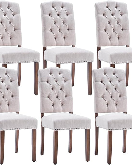 Stylish Upholstered Nailhead Trim and Sturdy Solid Wood Legs Parson Dining Chair, Set of 6, Beige - LeafyLoom