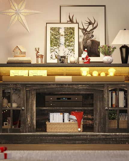 YITAHOME LED Farmhouse TV Stand for TV up to 65" w/Outlets, Highboy Media Entertainment Center Console Table Adjustable Storage Shelves &Cabinet Glass Door for 400lbs for Living Room, Dark Rustic Oak - LeafyLoom