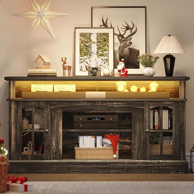 YITAHOME LED Farmhouse TV Stand for TV up to 65" w/Outlets, Highboy Media Entertainment Center Console Table Adjustable Storage Shelves &Cabinet Glass Door for 400lbs for Living Room, Dark Rustic Oak - LeafyLoom