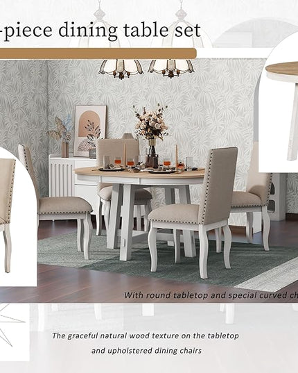 RITSU 5-Piece Farmhouse Round Retractable Table Set with 4 Upholstered Dining Chairs, Copper Ingot Trim, MDF and Rubber Wood for Living Room, Apartment, Antique White, 58inch - LeafyLoom