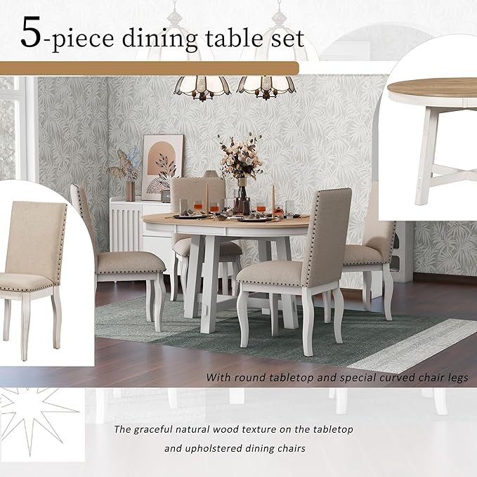 5-Piece Dinette Sets Round Extendable Kitchen Dining Table, 4 Upholstered Chairs, for Diningroom Living Room, Easy to Assemble, Oak Natural Wood + Antique White - LeafyLoom