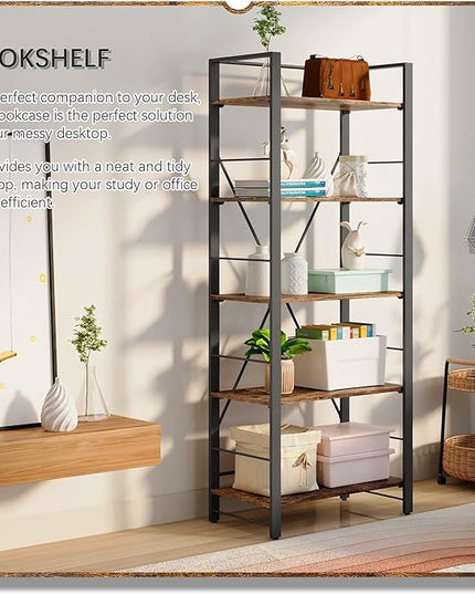 4NM Bookshelf 5 Tier Industrial Bookcase Home Office Adjustable Bookshelves Storage Shelves Organizer Vintage Book Shelf Display Rack for Living Room, Bedroom,Home- Rustic Brown - LeafyLoom