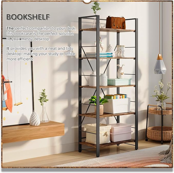 4NM Bookshelf 5 Tier Industrial Bookcase Home Office Adjustable Bookshelves Storage Shelves Organizer Vintage Book Shelf Display Rack for Living Room, Bedroom,Home- Rustic Brown - LeafyLoom
