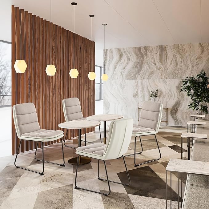 COLAMY Dining Chairs Set of 4, Modern Waffle Fabric Dining Chairs, Faux Leather Kitchen Chairs with Back for Dining Living Waiting Room, Light Brown - LeafyLoom