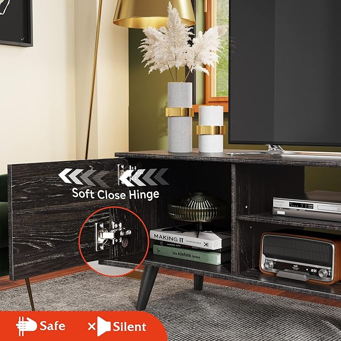 WLIVE TV Stand for 55 60 inch TV, Modern Entertainment Center with Storage Cabinets, Mid Century TV Console Table for Bedroom, TV Stand for Living Room, Charcoal Black - LeafyLoom