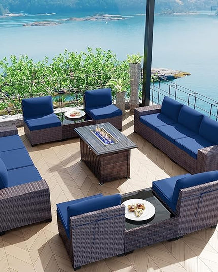 Kullavik 13 Pieces Outdoor Patio Furniture Set with 43" 55000BTU Gas Propane Fire Pit Table PE Wicker Rattan Sectional Sofa Patio Conversation Sets,Navy blue - LeafyLoom