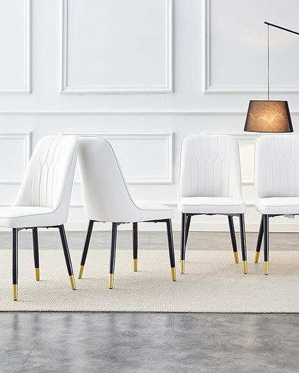 Modern Set of 4, Faux Leather Dining PU Upholstered White Kitchen Chairs with Black Golden Metal Legs for Home Living Room, Restaurant, 4 Piece - LeafyLoom