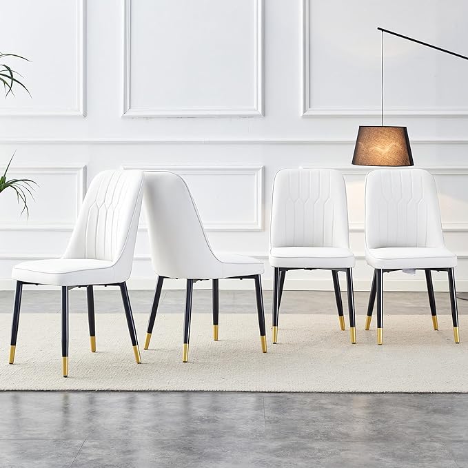 Modern Set of 4, Faux Leather Dining PU Upholstered White Kitchen Chairs with Black Golden Metal Legs for Home Living Room, Restaurant, 4 Piece - LeafyLoom