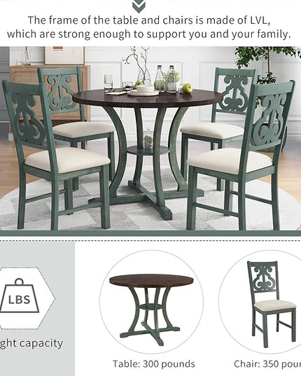 Kitchen Set 5-Piece Round Dining 4 Fabric Chairs with Special-shaped Table Legs and Storage Shelf, Antique Blue+Dark Brown - LeafyLoom