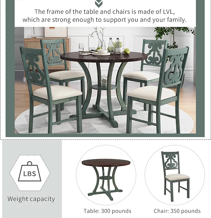 Kitchen Set 5-Piece Round Dining 4 Fabric Chairs with Special-shaped Table Legs and Storage Shelf, Antique Blue+Dark Brown - LeafyLoom