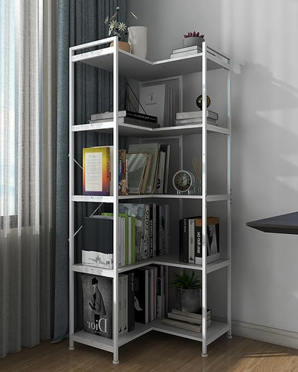 Bookshelf 5 Tier Deformable Corner Bookcase Free Standing Modern Industrial Book Storage Display Book Shelf for Bedroom Living Room Study Room Office (White) - LeafyLoom
