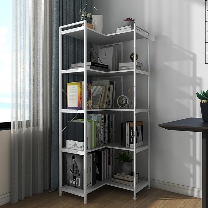 Bookshelf 5 Tier Deformable Corner Bookcase Free Standing Modern Industrial Book Storage Display Book Shelf for Bedroom Living Room Study Room Office (White) - LeafyLoom