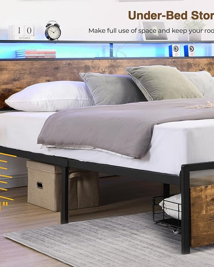 LED Full Bed Frame with 2 Storage Drawers & Headboard, Platform Metal Bed Frame with Charging Station, Noise-Free, No Box Spring Needed, Vintage Brown - LeafyLoom