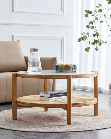 NicBex Dining Table Round Kitchen Table Contemporary Modern Minimalist Circular Double-Layer Solid Wood Coffee Table, Craft Glass Tabletop, Rattan, Solid Wood Frame, Natural Wood - LeafyLoom