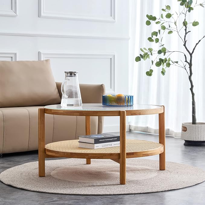NicBex Dining Table Round Kitchen Table Contemporary Modern Minimalist Circular Double-Layer Solid Wood Coffee Table, Craft Glass Tabletop, Rattan, Solid Wood Frame, Natural Wood - LeafyLoom