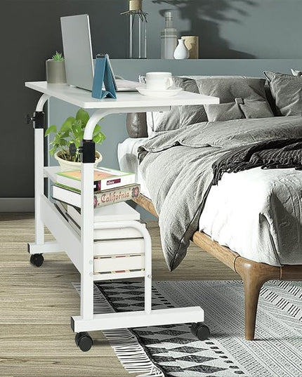 Small Desks Portable Laptop Computer Desk for Small Spaces Adjustable Desk Standing Desk for Bedrooms Couch Desk for Home Office Table Mobile Rolling Desk on Wheels White Desk with Storage - LeafyLoom