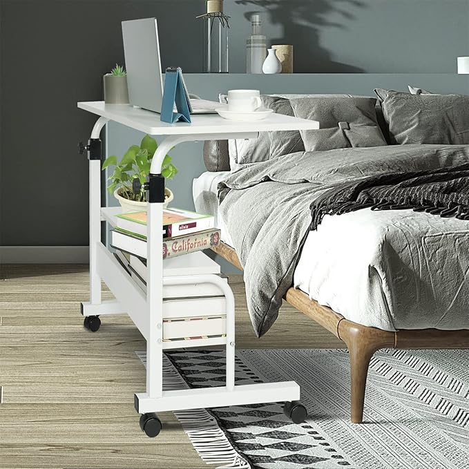 Small Desks Portable Laptop Computer Desk for Small Spaces Adjustable Desk Standing Desk for Bedrooms Couch Desk for Home Office Table Mobile Rolling Desk on Wheels White Desk with Storage - LeafyLoom